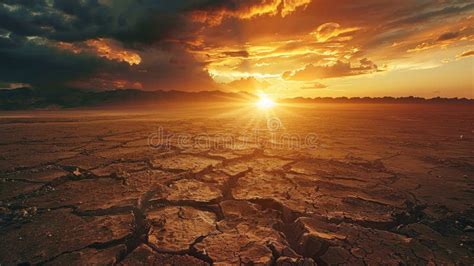 A Desolate Desert Landscape With A Sun Setting In The Background Stock