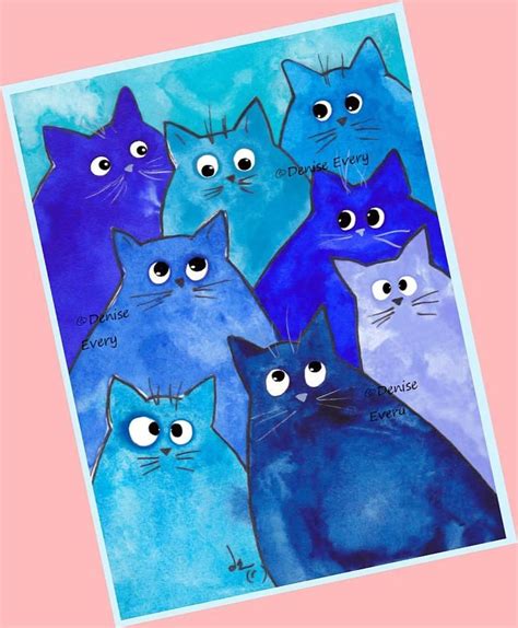 Whacky Blue Kitties Cat Art Print Whimsical Cat Print Funny Cats