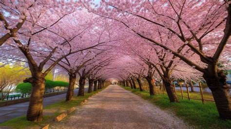 Walkway Is Lined With Pink Cherry Trees Backgrounds | JPG Free Download ...