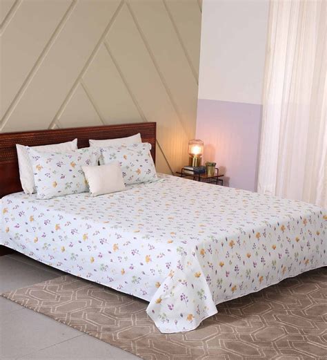 Buy Yellow Floral 120 Tc Cotton King Sized Bed Sheets With 2 Pillow