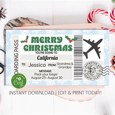 Festive Flight Ticket Gift Voucher Printable Airplane Gift Certificate ...