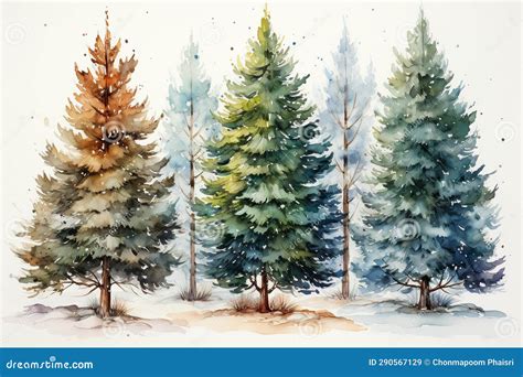 Pine Trees In Winter Watercolor Painting Of Pine Trees In Winter Stock Illustration