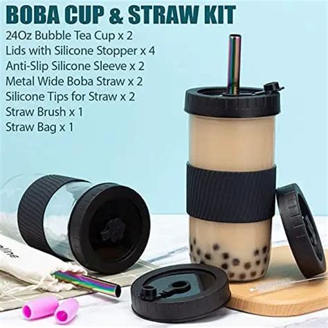 Reusable Boba Cup Bubble Tea Cup 2 Pack 24oz Wide Mouth Smoothie Cups