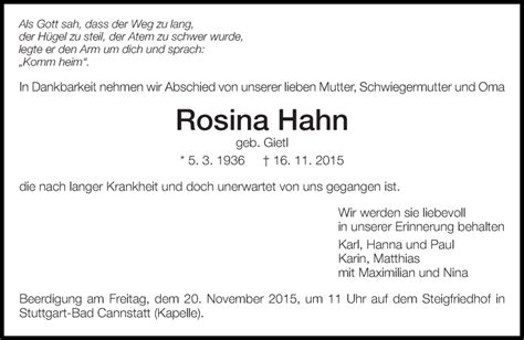 Traueranzeigen Von Rosina Hahn Zeit Des Gedenkens De