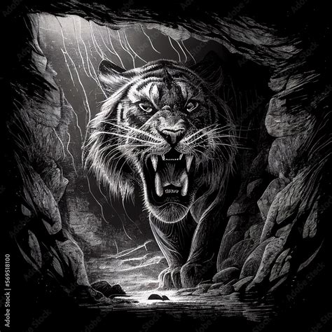 Saber-toothed tiger emerges from a cave baring its fangs, black and ...