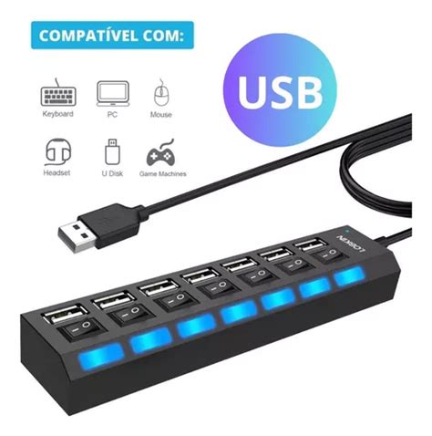 Hub Usb Cabo Extensor Régua Usb 2 0 7 portas High Speed Hd Pen Drive Pc