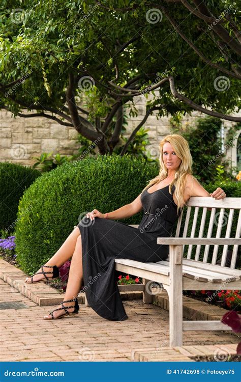 Blonde Woman Sitting On Bench Fashion Stock Photo Image 41742698