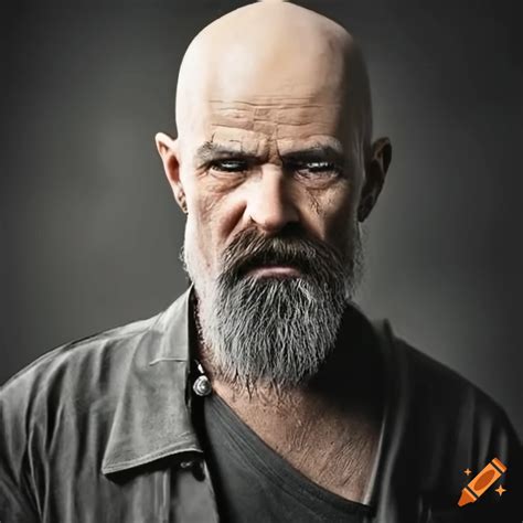 Middle Aged Caucasian Man With Thick Gray Beard Bald In A Badass