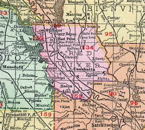 Red River Parish Louisiana 1911 Map Rand Mcnally Coushatta Hall Summit Hanna Lake End