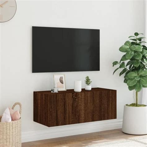 Keenso Meuble Tv Mural Avec Lumi Res Led Ch Ne Marron X X Cm