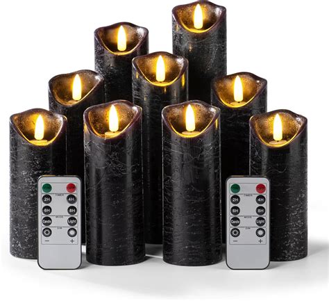 Pandaing Set Of 9 Black Regular Textured Flameless Candles Battery