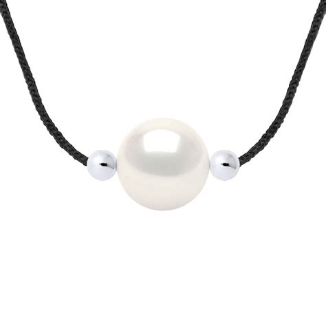 Collier Perle D Eau Douce Ronde 9 10 Mm Blanche Nylon Noir Argent 925