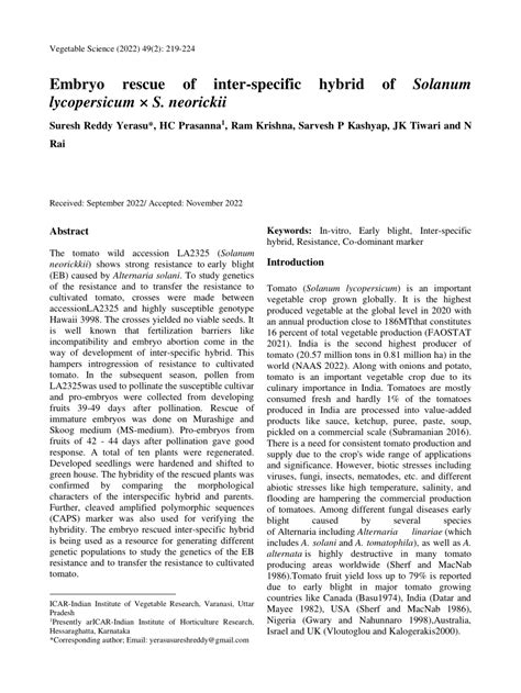 PDF Embryo Rescue Of Inter Specific Hybrid Of Solanum Lycopersicum