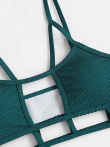 Zaful Ribbed Ladder Cutout Cheeky Bikini Swimwear In Deep Green Zaful