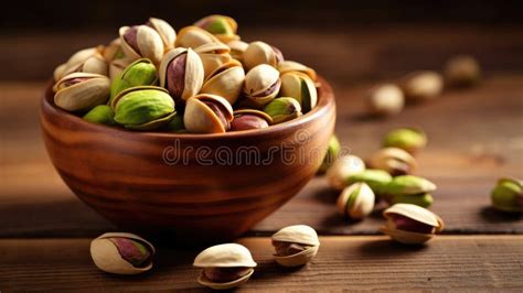 Bowl With Pistachios On A Wooden Table Generative Ai Stock