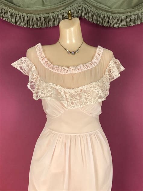 1950s Nightgown Vintage 50s Sheer Pink Nylon Lace Lou Gem