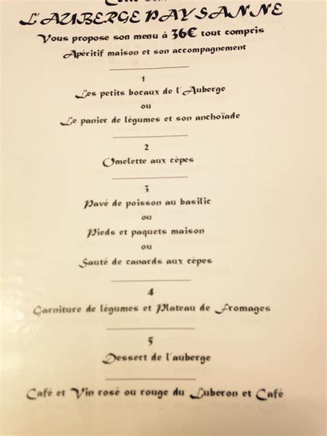 Menu Au Auberge La Table Paysanne Restaurant Robion