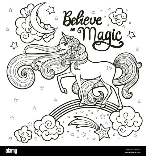 A Beautiful Unicorn With A Long Mane On A Rainbow Vector Stock Vector