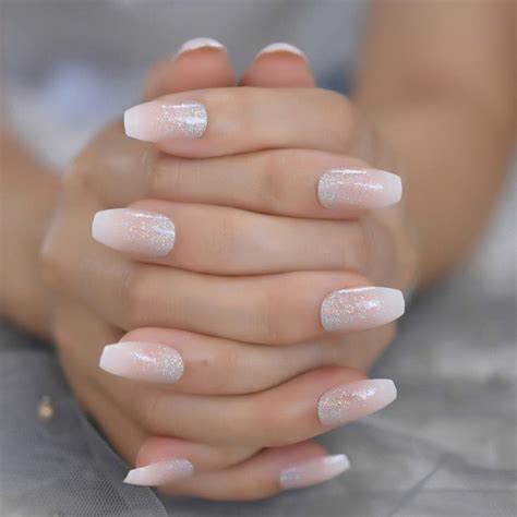 Holographic Silver Glitter Acrylic Nails Ombre French Fake Nails Coffin Shape Nude Nail Art Tips