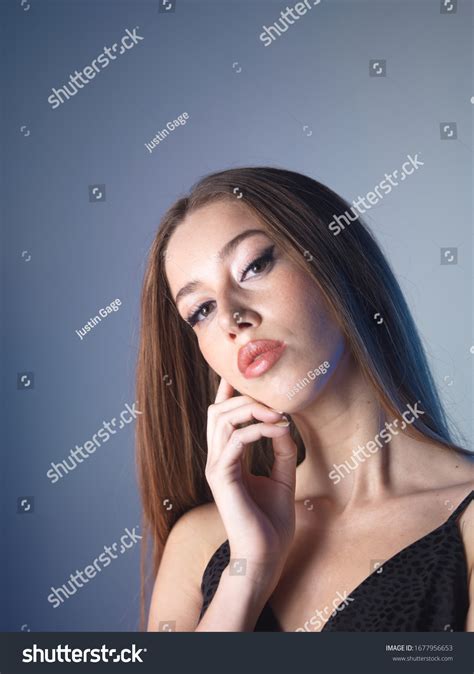 Beauty Portrait Session Nude Makeup Blue Stock Photo 1677956653