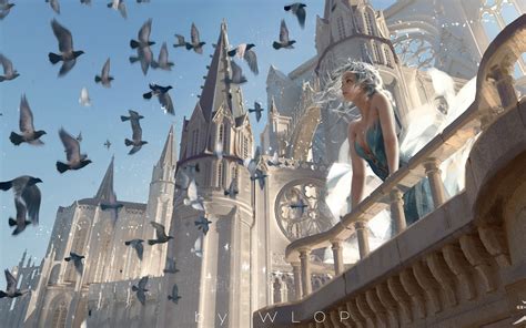 Картинки замок, принцесса, голуби, wlop - обои 1920x1200, картинка №454701