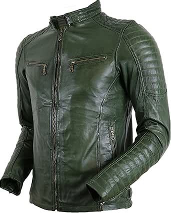 Mdm Herren Biker Lederjacke In Khaki Gr N Aus Echtem Leder Amazon De