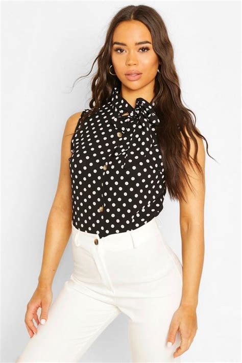 Womens Black Sleeveless Polka Dot Pussybow Blouse Boohoo Uk