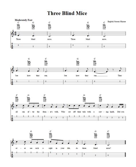 Three Blind Mice - Easy Ukulele Sheet Music and Tab with Chords and Lyrics