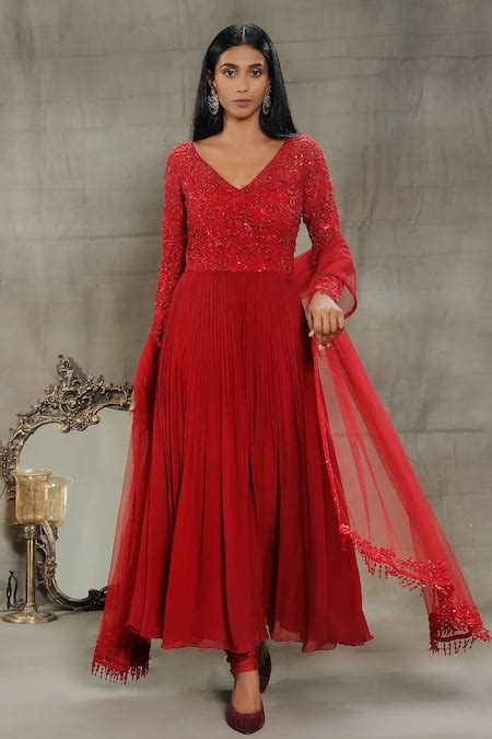 Buy Red Georgette Hand Embroidered Cut Dana V Self Love Yoke Anarkali