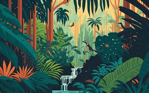 Vector Illustration Featuring A Lush And Vibrant Tropical Rainforest