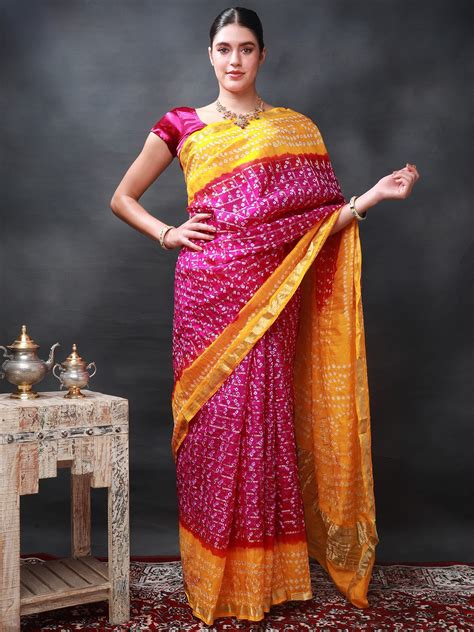 Bandhani Saree From Rajasthan With Zari Weave On Border Exotic India Art