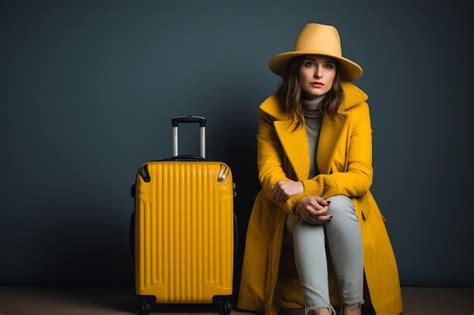 Premium Ai Image Woman Traveler With A Yellow Suitcase Affected