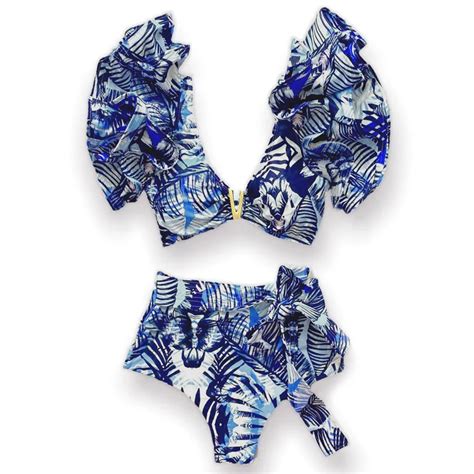 2023 New Sexy High Waist Bikini Sets Ruffle Swimwear Women Swimsuit Print Floral Dots V Neck