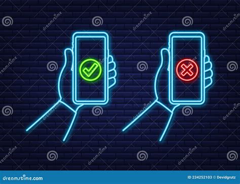 Hands Holding Smartphones With Checkmarks Set Tick And Cross Check