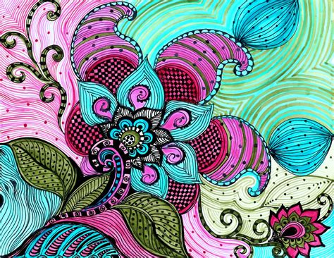 FLOWER paisley fine art PRINT-pink blue green flowers ink and