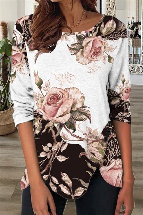 Floral Print Casual Loose Buttoned Crew Neck Long Sleeves Blouse