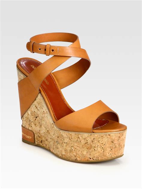 Lyst Sergio Rossi Leather Cork Wedge Platform Sandals In Brown