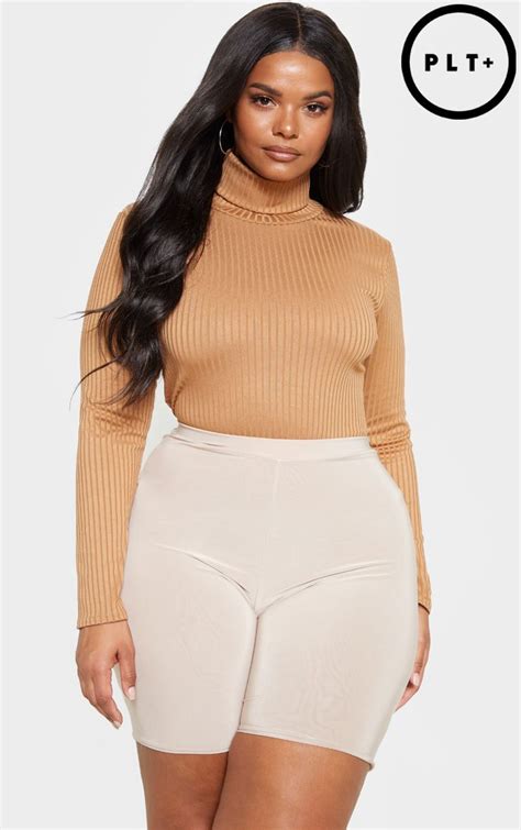 Plus Camel Rib Roll Neck Long Sleeve Bodysuit Curvy Women Fashion Plus