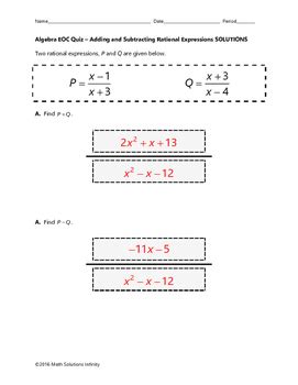 Algebra Eoc Quiz Adding And Subtracting Rational Expressions Bundle