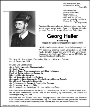 Traueranzeigen Von Georg Haller Trauer Bz