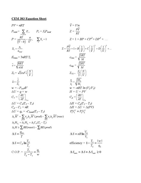 Physical Chemistry Formula Sheet