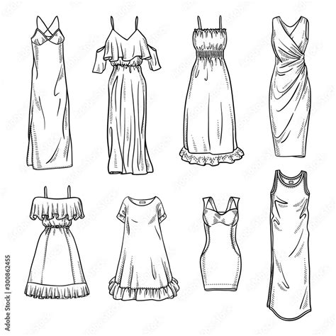 Sketches collection of women's dresses. Hand drawn vector illustration ...