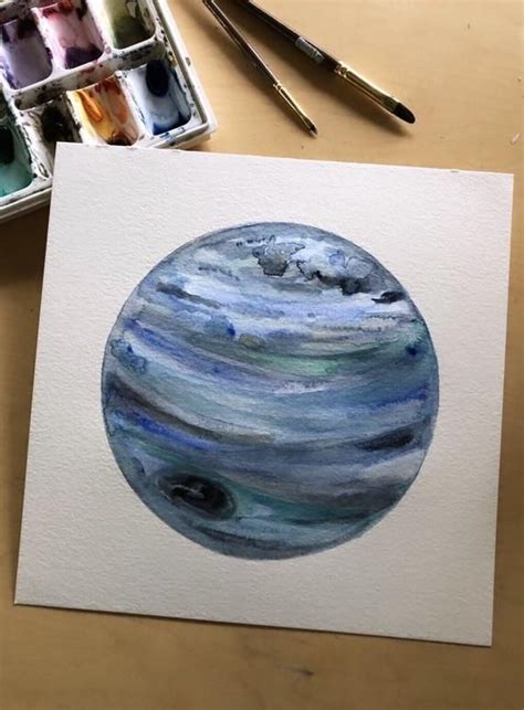 Original Neptune Planet Watercolor Painting Night Sky Universe Space