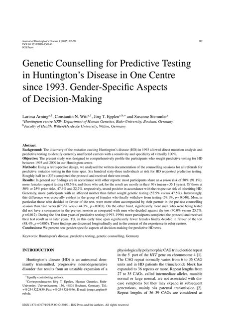 Pdf Genetic Counselling For Predictive Testing In Huntington S Disease In One Centre Since