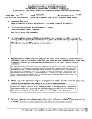 Fillable Online Www20 Csueastbay REQUEST FOR APPROVAL OF DISCONTINUANCE