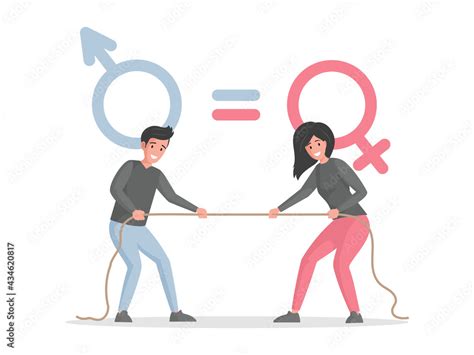 Male And Female Characters Pulling Rope Against Each Other Vector Flat