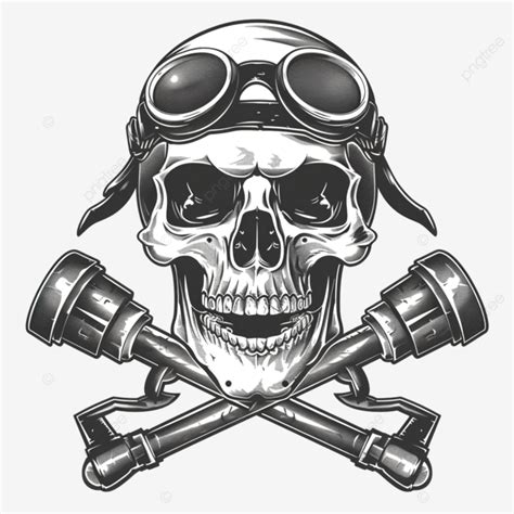 Vintage Biker Skull With Crossed Piston Emblem Badge Banner Chain