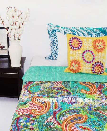 Multi Colorful Unique Paisley Print Cotton Kantha Quilt Blanket