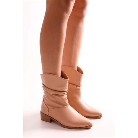 Shoeberry Women S Archie Nude Skin Bellows Flat Heeled Boots Nude Skin Eponuda