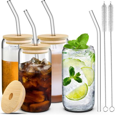 4 Glass Cups with Lids, Straws, and Brushes - 16 oz Drinking Cup Set ...